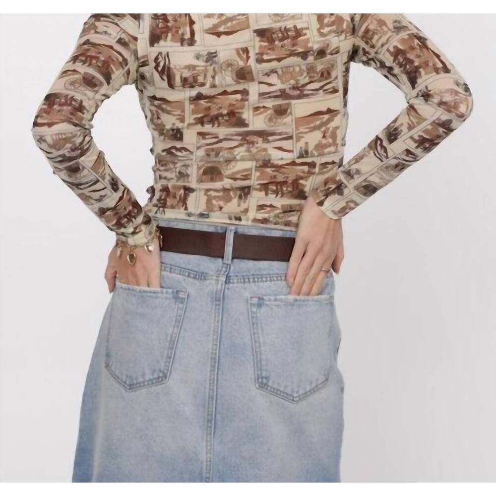 NEW SAGE THE LABEL giddy up mock neck long sleeve mesh top in brown multi - Picture 4 of 4